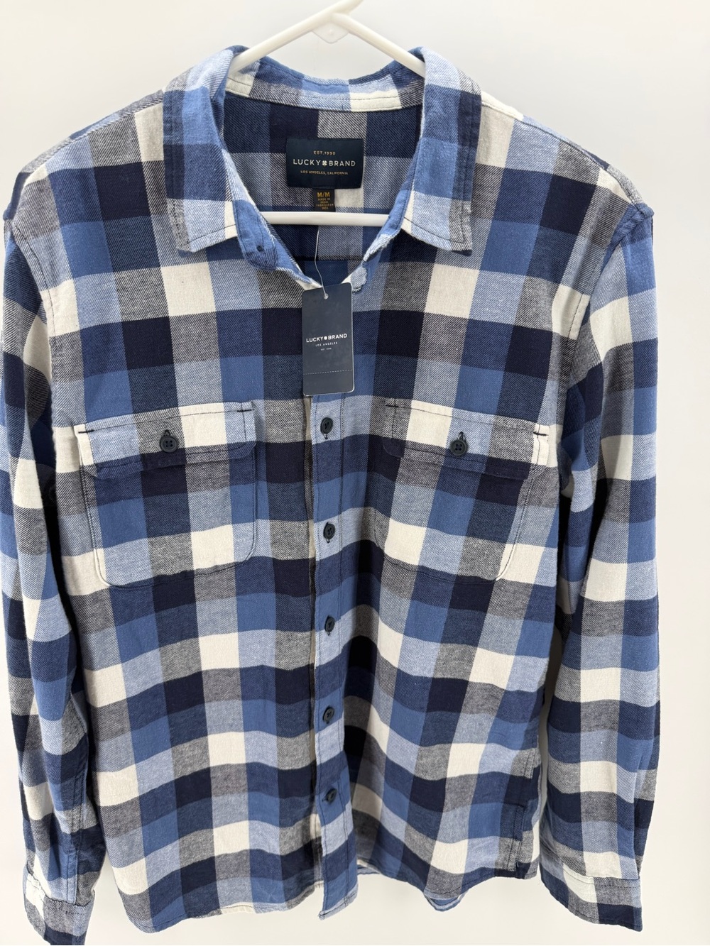 Lucky Brand Men’s Blue and White Plaid Lightweight Flannel Button-Down Shirt